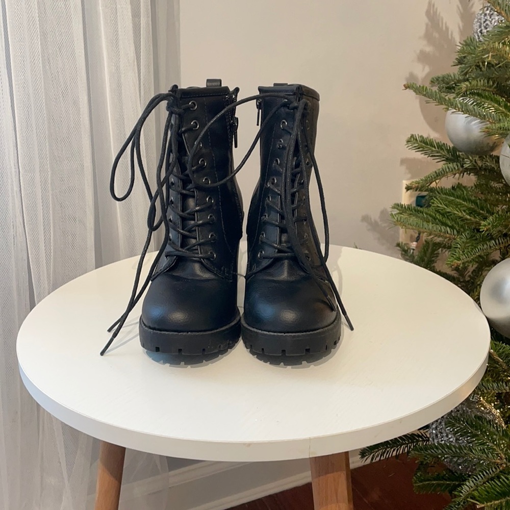 Black zip up/lace up combat boots with heels
